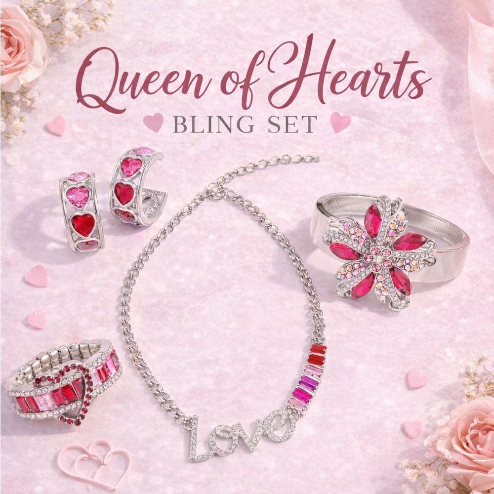 Queen of Hearts Bling Set - Pink and Silver Jewelry